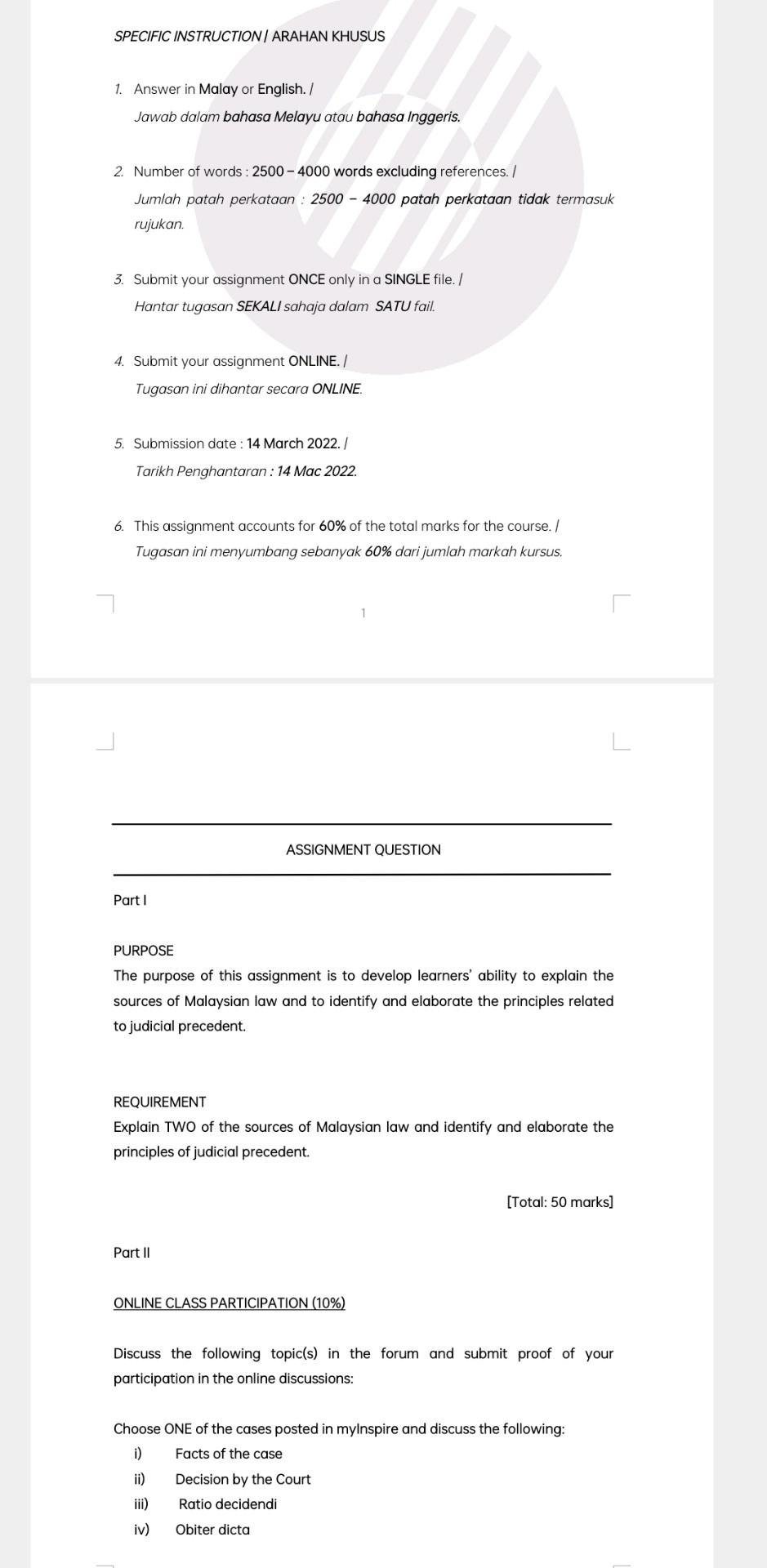 SPECIFIC INSTRUCTION ARAHAN KHUSUS 1. Answer in