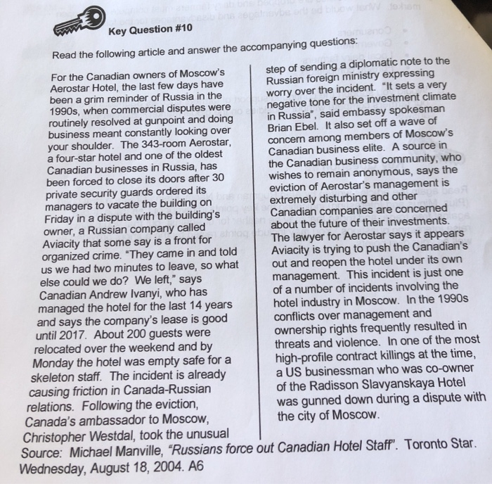 Key Question #10 Read the following article and