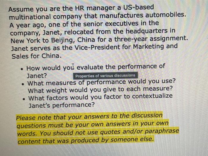Assume you are the HR manager a US-based