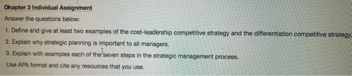 Chapter 3 Individual Assignment Answer the