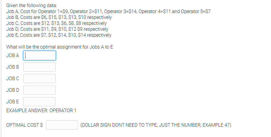 Given the following data: Job A, Cost for