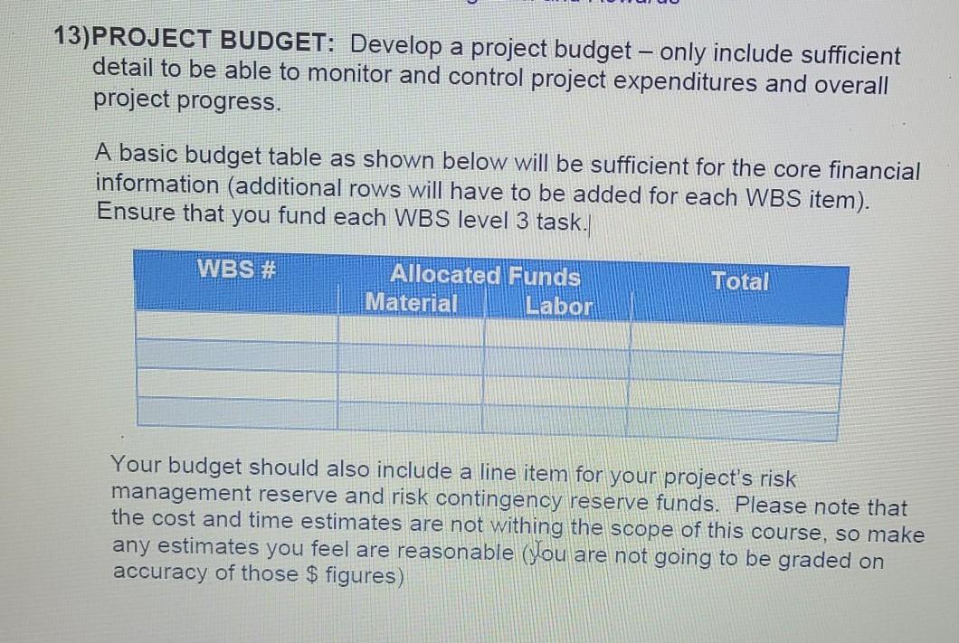 13)PROJECT BUDGET: Develop a project budget -