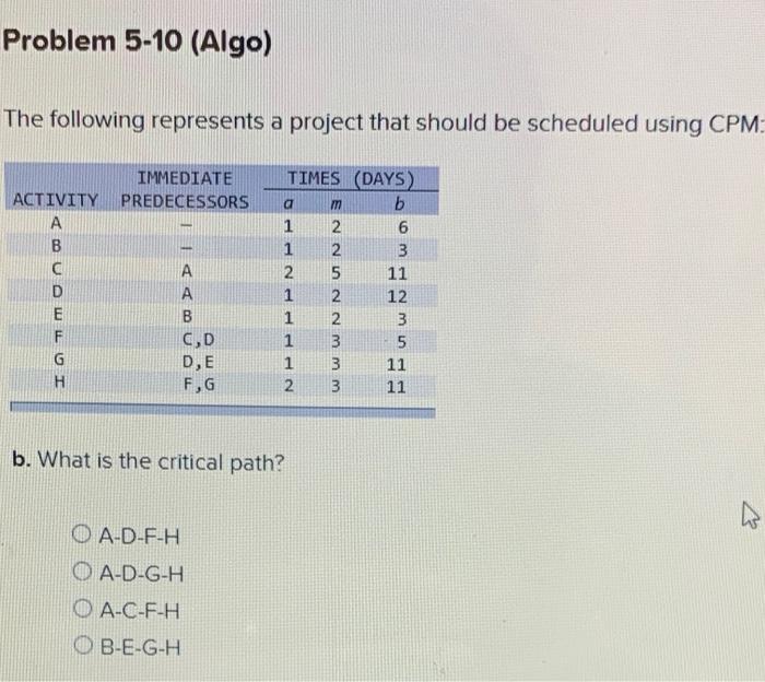 Problem 5-10 (Algo) The following represents a