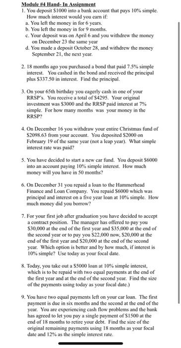 Module #4 Hand-In Assignment 1. You deposit S1000