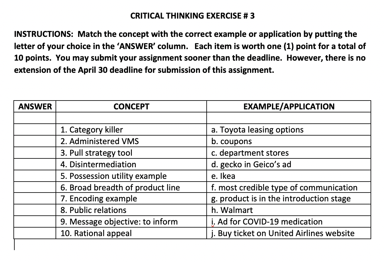 CRITICAL THINKING EXERCISE # 3 INSTRUCTIONS: