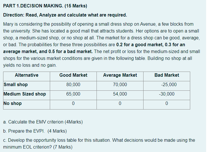 PART 1.DECISION MAKING. (15 Marks) Direction: