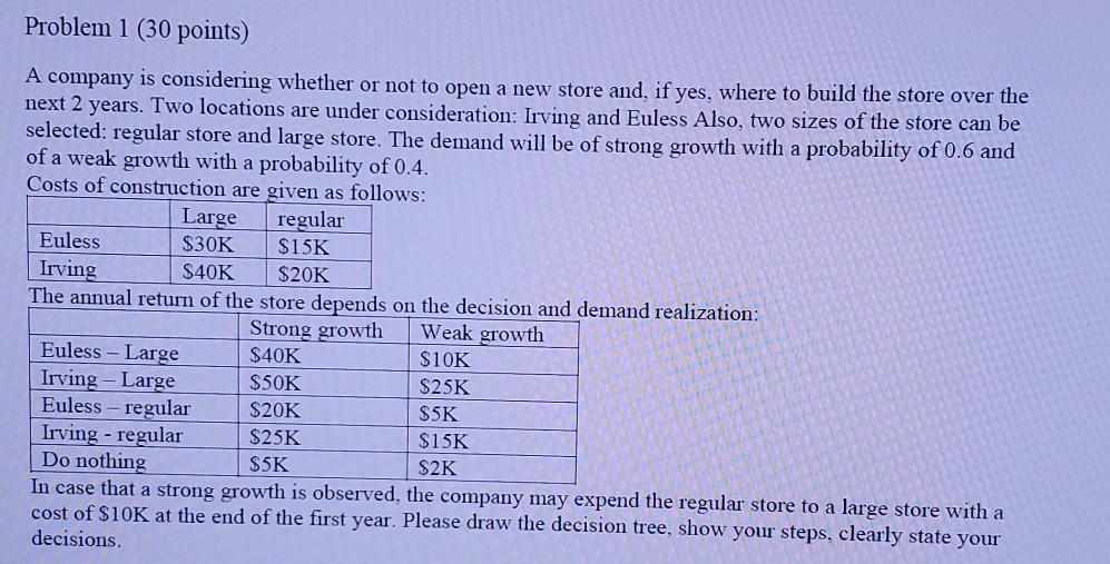 please help with decision tree Problem 1 (30