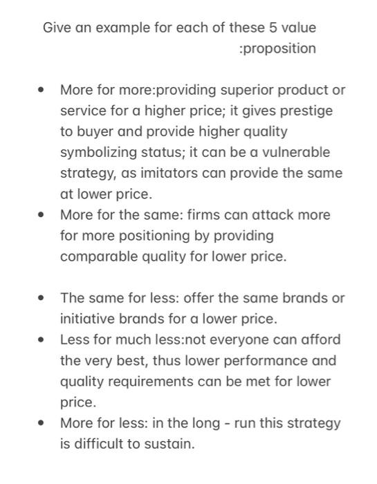 Give an example for each of these 5 value