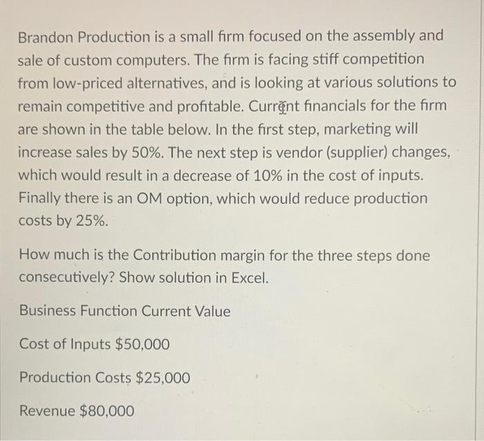 please show on excel asap Brandon Production is a