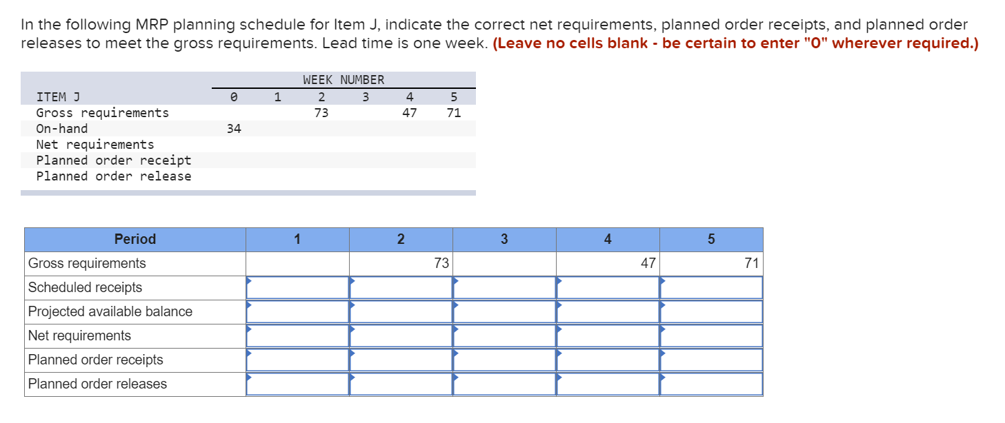 In the following MRP planning schedule for Item