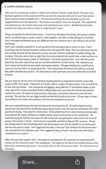 B. Conflict resolution scenario Pam and il are