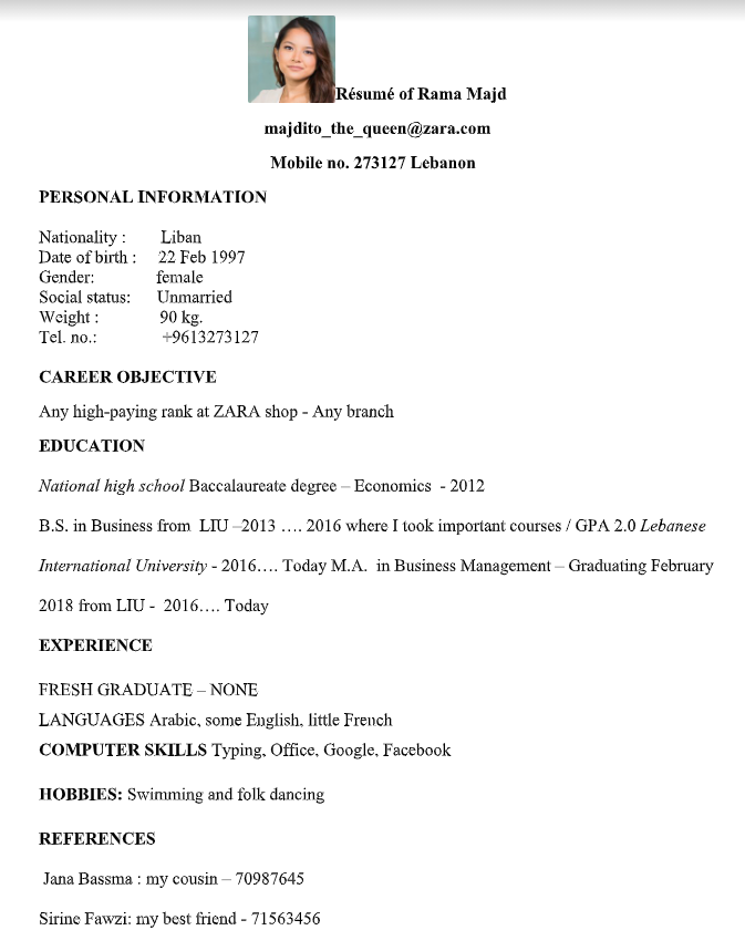Rsum of Rama Majd majdito_the_queen@zara.com