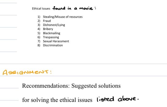 Ethical Issues found in a movie: 1)