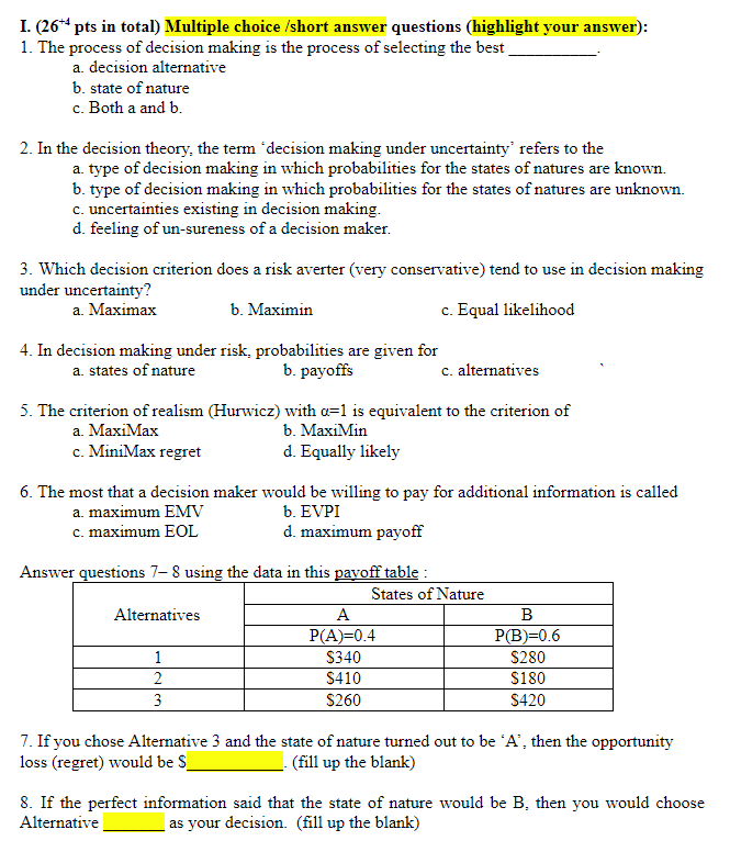 I. (26** pts in total) Multiple choice /short