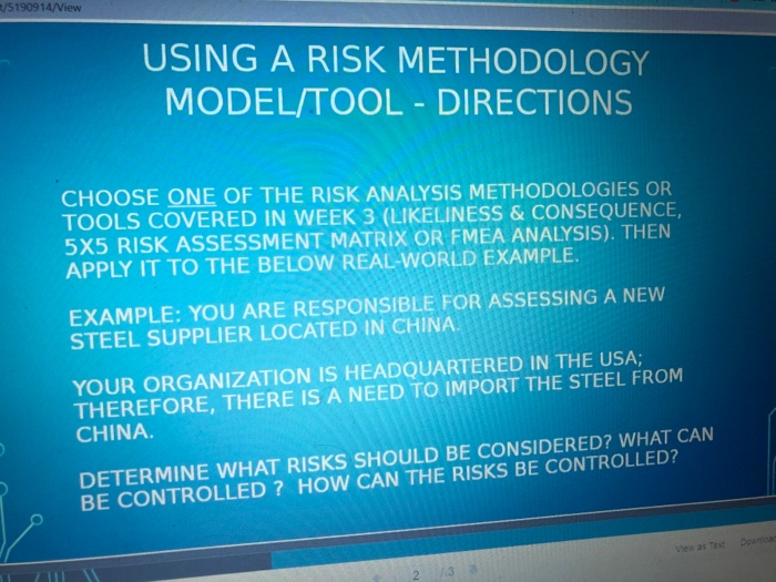 U5190914/View USING A RISK METHODOLOGY MODEL/TOOL