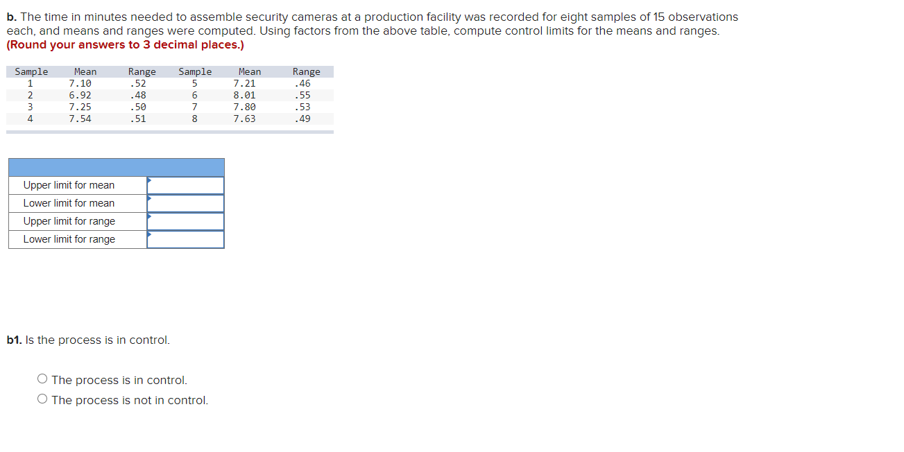 Problem 10-3 (Static) The time in minutes to