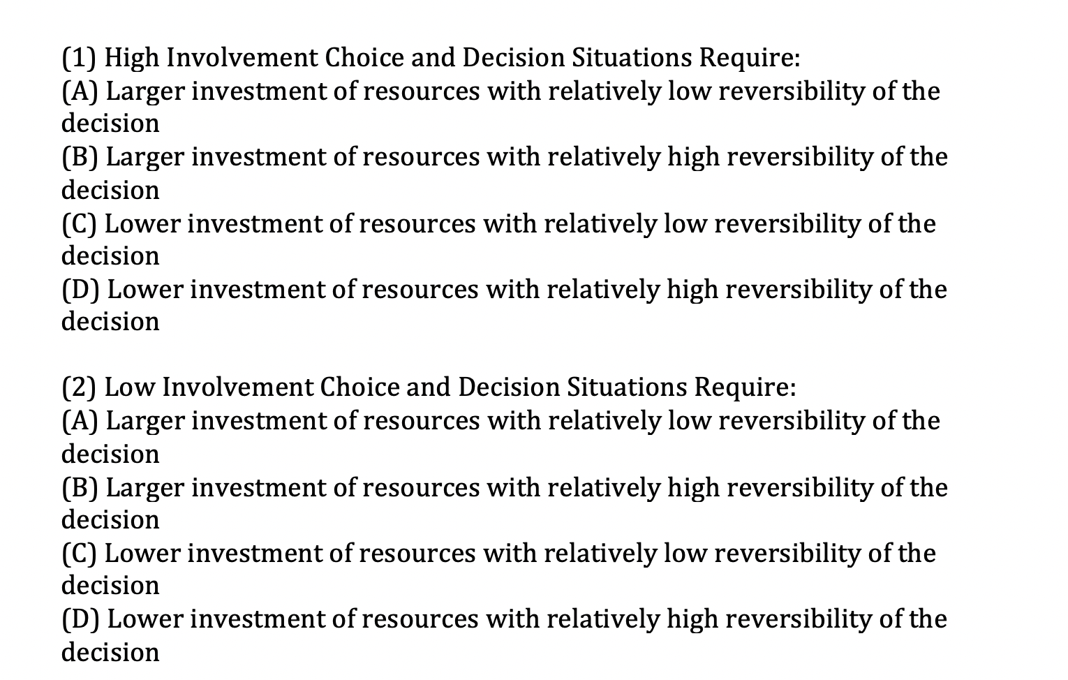 (1) High Involvement Choice and Decision