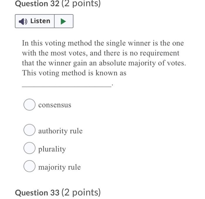 Question 31 (2 points) Listen This voting method