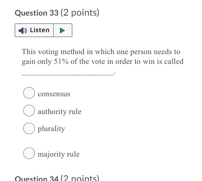 Question 31 (2 points) Listen This voting method