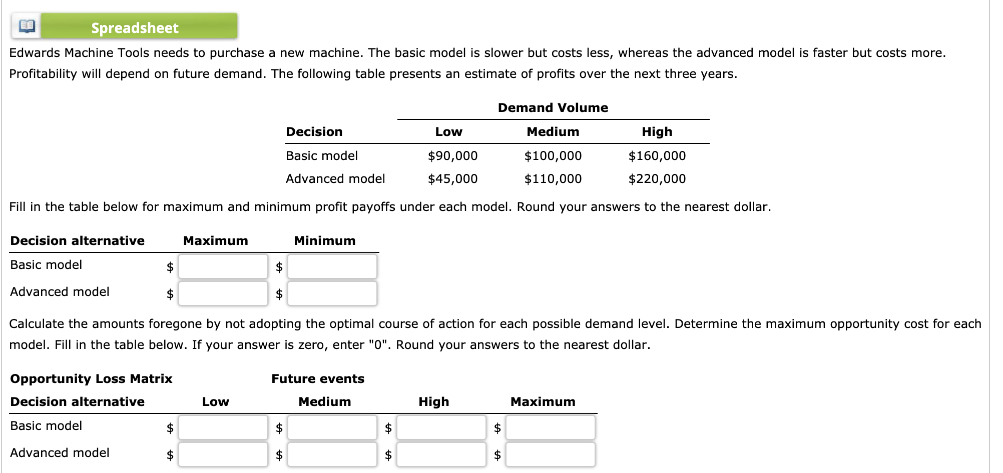 Spreadsheet Edwards Machine Tools needs to