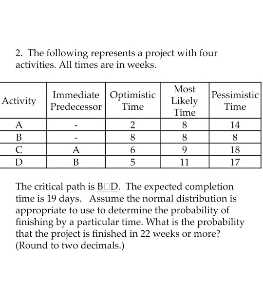 2. The following represents a project with four