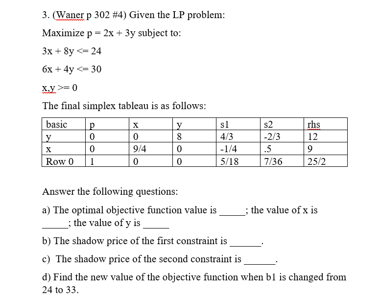 3. (Waner p 302 #4) Given the LP problem: