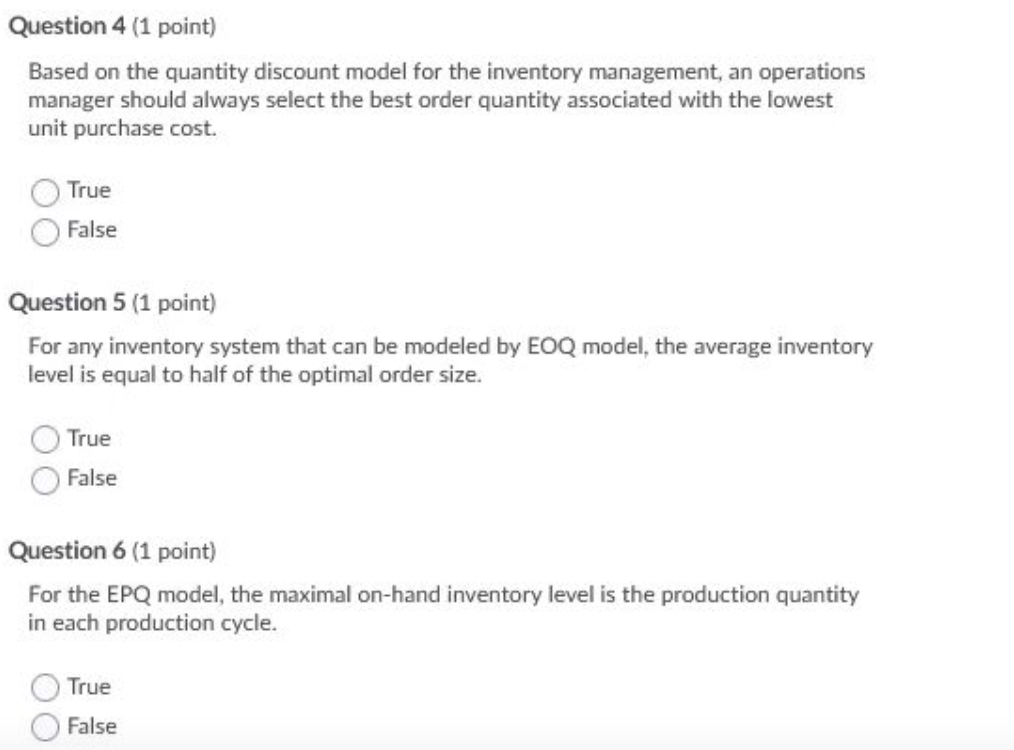Question 4 (1 point) Based on the quantity