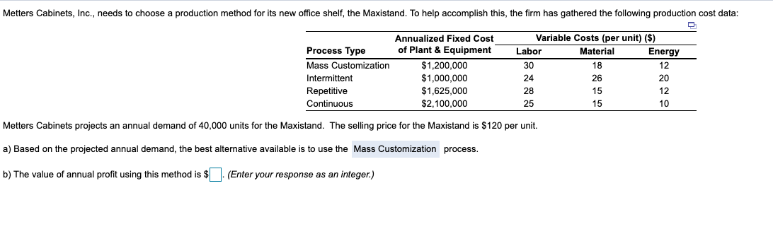 Metters Cabinets, Inc., needs to choose a