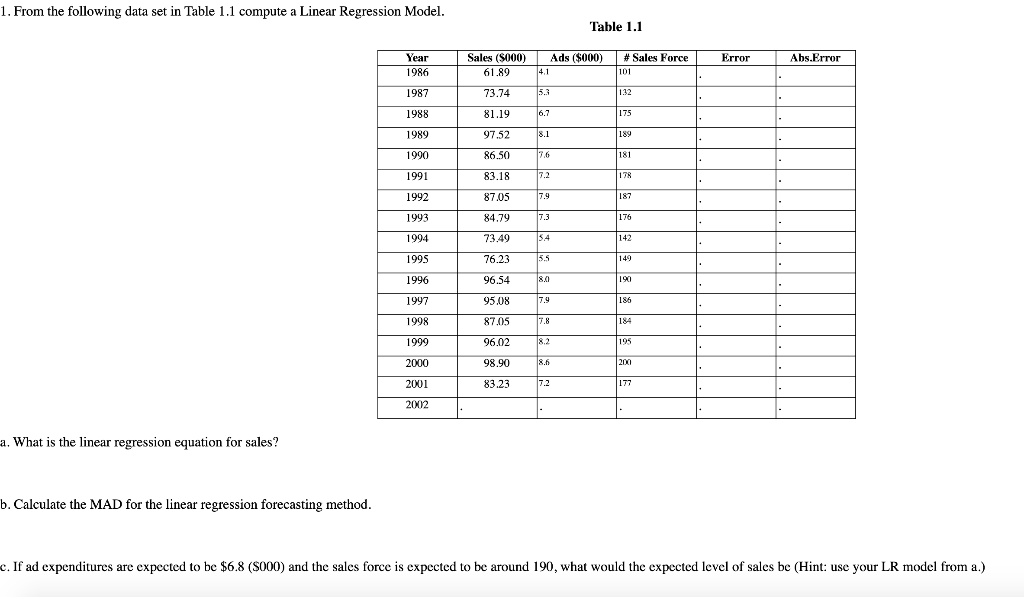 1. From the following data set in Table 1.1