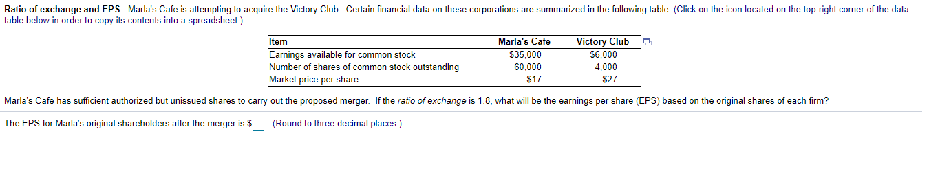 Ratio of exchange and EPS Marla's Cafe is