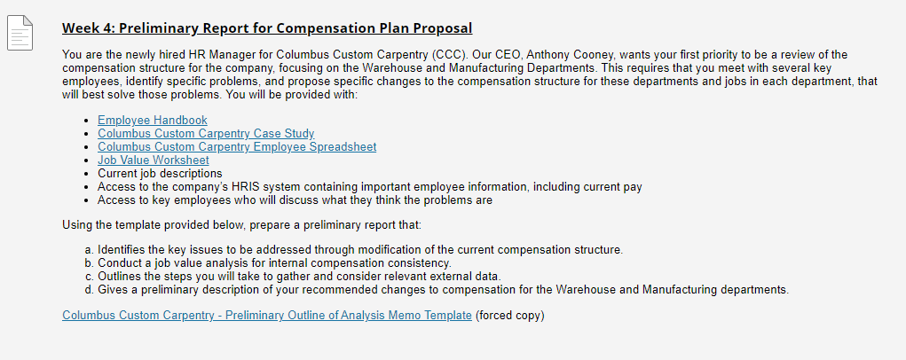 Week 4: Preliminary Report for Compensation Plan