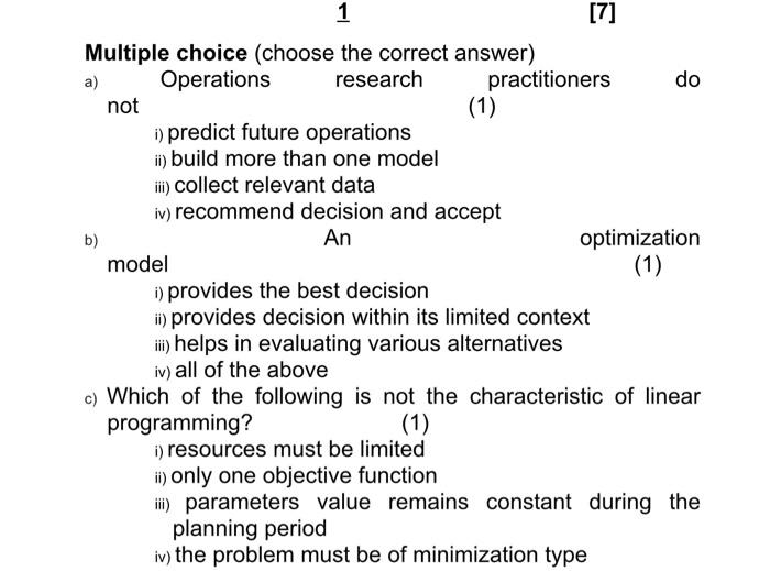 do (1) 1 [7] Multiple choice (choose the correct