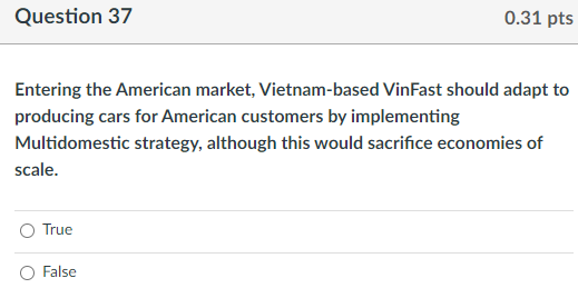 Question 36 0.31 p Due to cost reduction