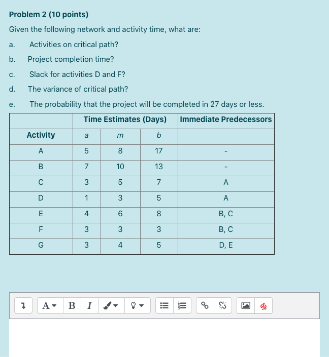 Problem 2 (10 points) Given the following network