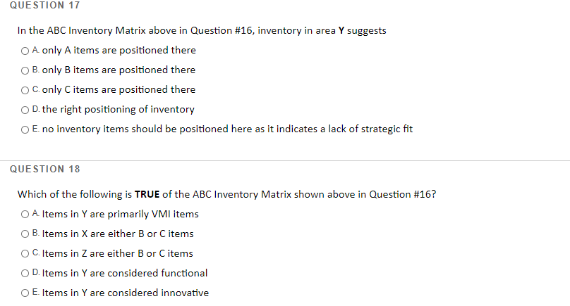 QUESTION 16 Use ABC Inventory Matrix depicted