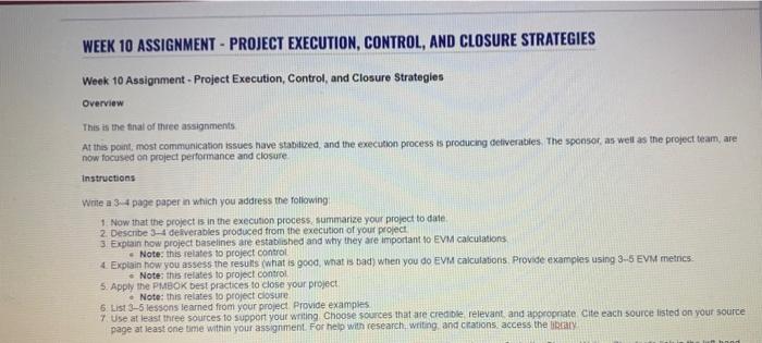 WEEK 10 ASSIGNMENT - PROJECT EXECUTION, CONTROL,