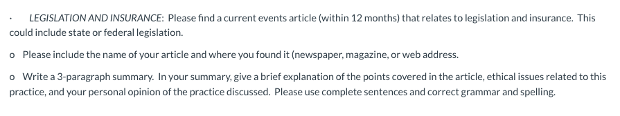 LEGISLATION AND INSURANCE: Please find a current