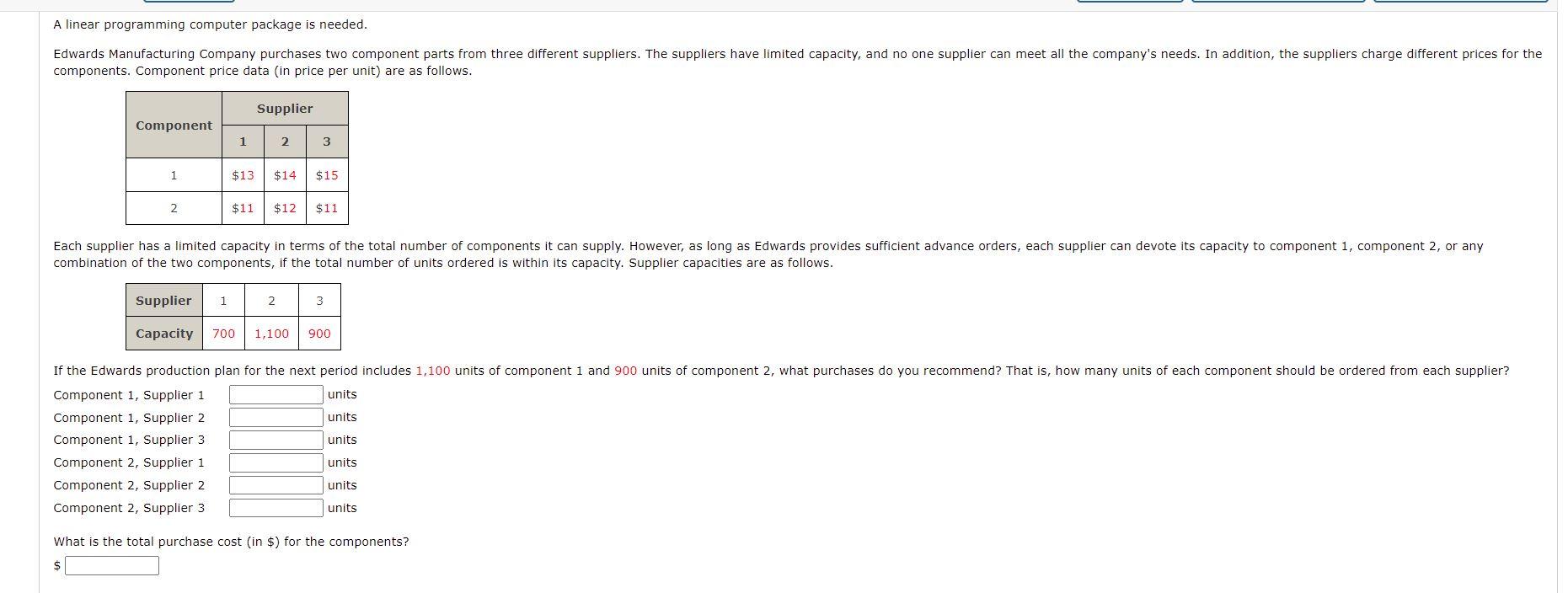 A linear programming computer package is needed.