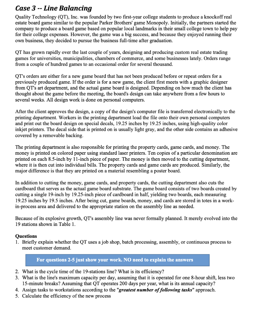 Case 3 -- Line Balancing Quality Technology (QT),