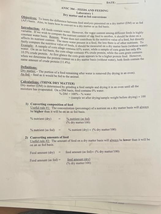 ANSC304 LABI Problems: IMPORTANT - SHOW ALL YOUR