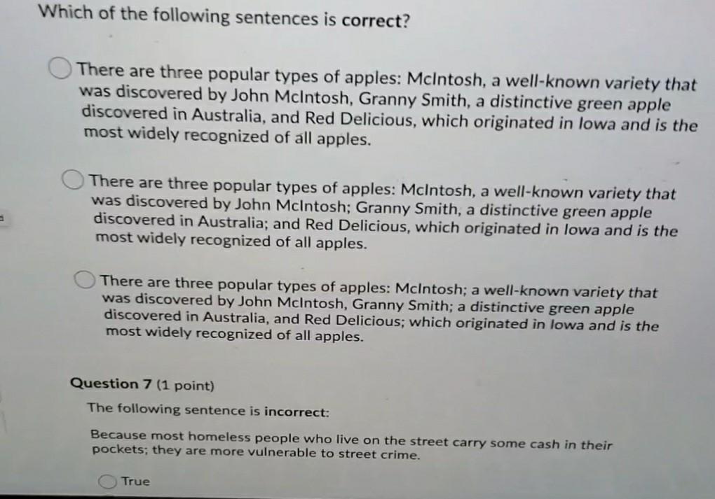 number 7 is t/f Which of the following sentences