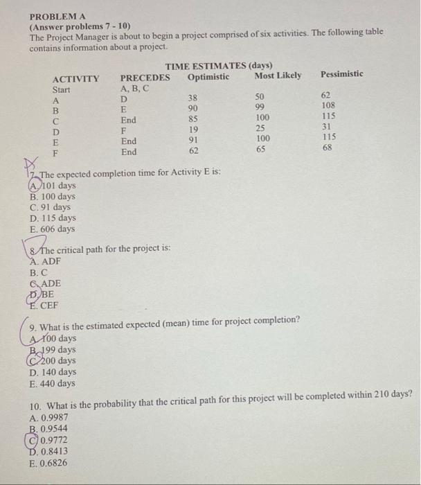 PROBLEMA (Answer problems 7-10) The Project