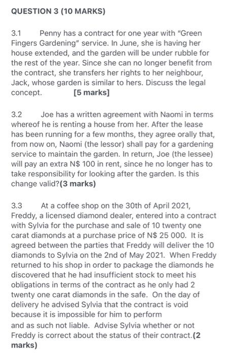 QUESTION 3 (10 MARKS) 3.1 Penny has a contract