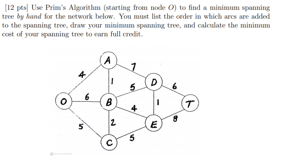 (12 pts] Use Prim's Algorithm (starting from node