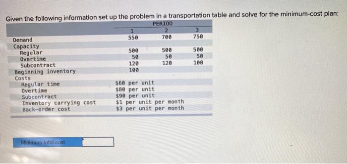 Given the following information set up the