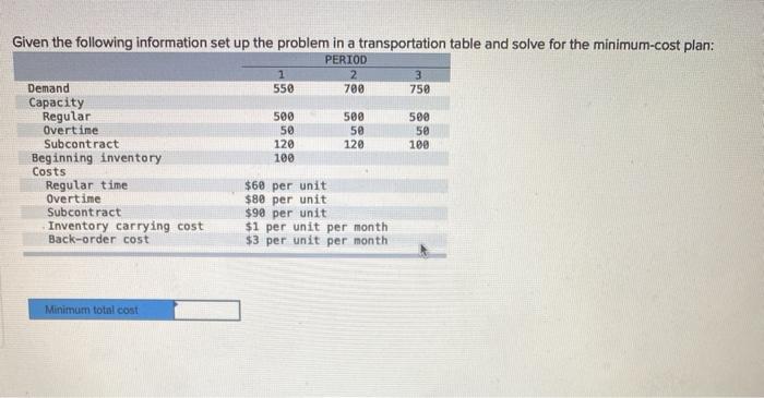 Given the following information set up the