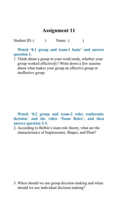 Assignment 11 Student ID: Name: ) Watch '8.1