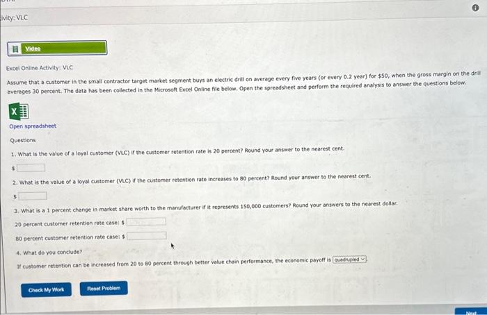 Excel Online Activity: VLC Assume that a customer