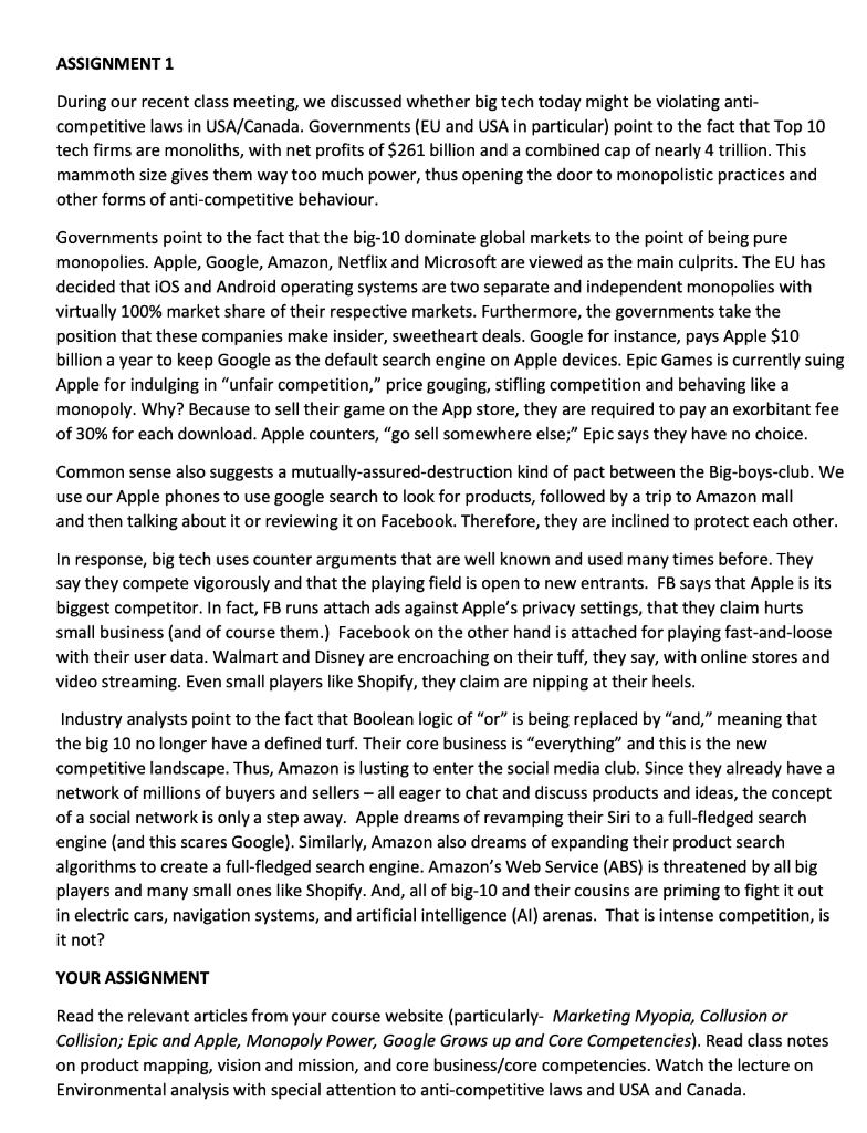 ASSIGNMENT 1 During our recent class meeting, we