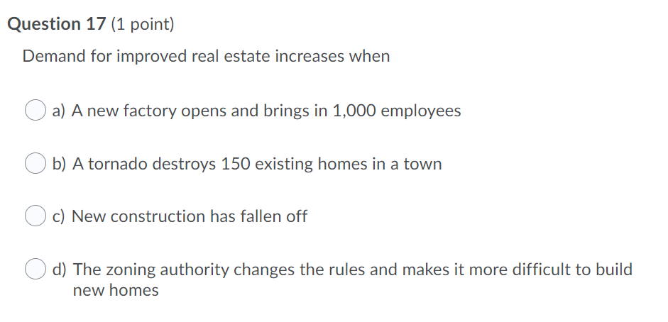Question 17 (1 point) Demand for improved real